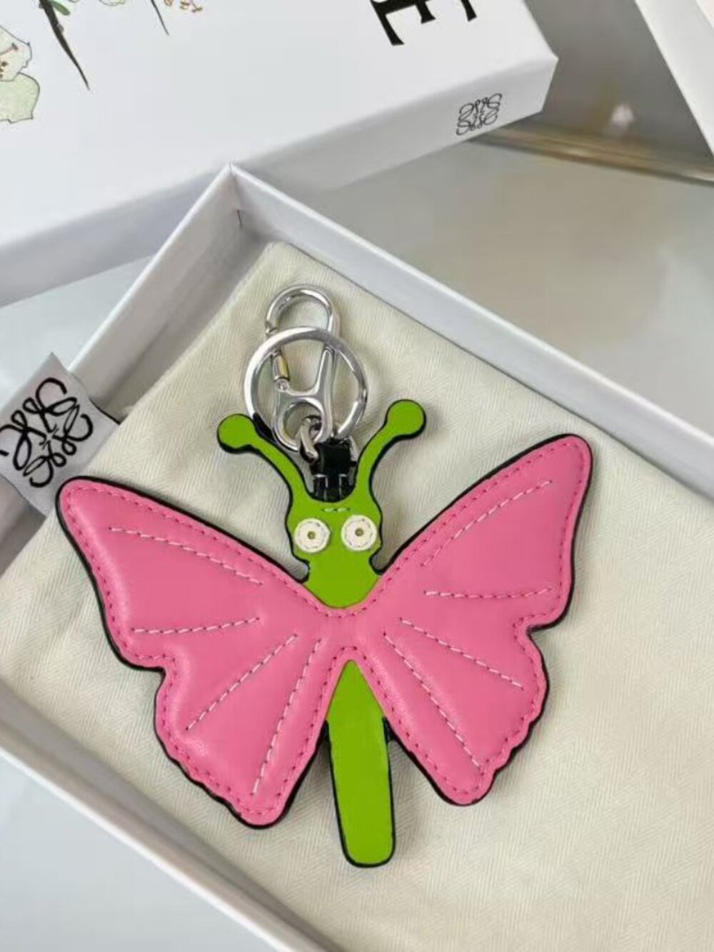 LOEWE Bright Pink Green Butterfly Leather Bag Charm Silver Key Ring